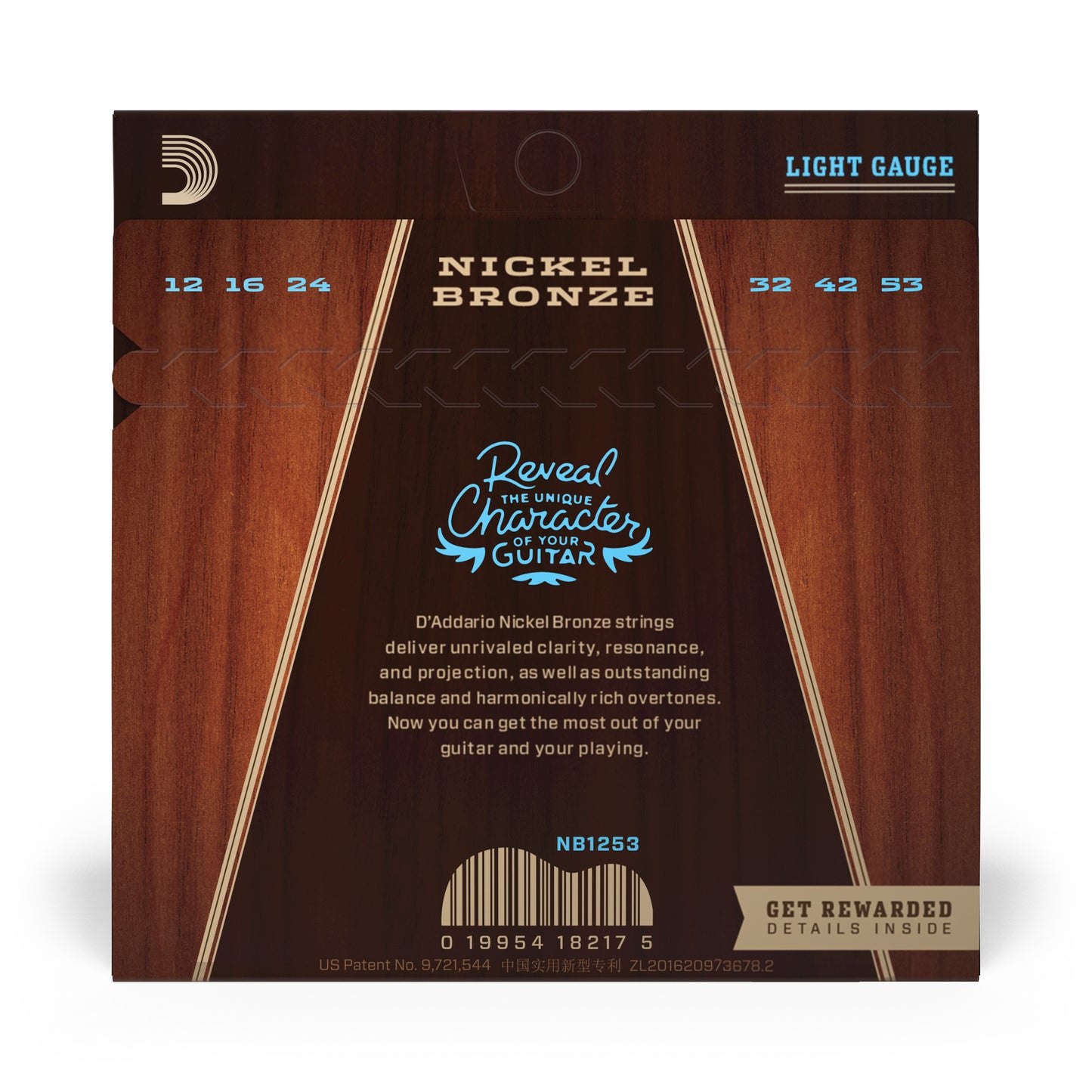 D'Addario NB1253 Nickel Bronze Acoustic Guitar Strings, Light, 12-53