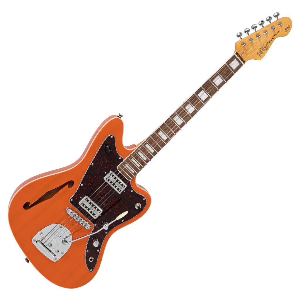 Vintage REVO Series 'Surfmaster' Thinline Twin Electric Guitar - Trans Orange