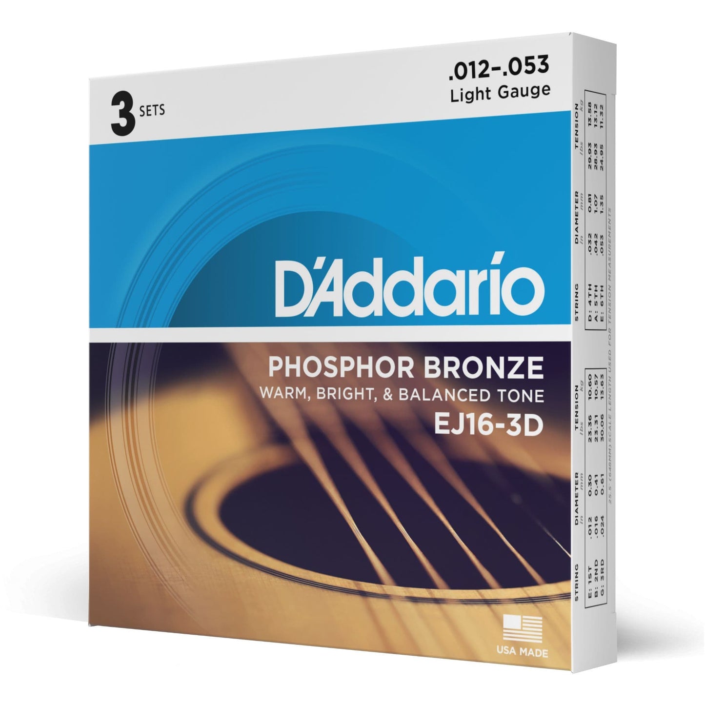 D'Addario 12-53 - Light Phosphor Bronze Acoustic Guitar Strings - 3-Pack