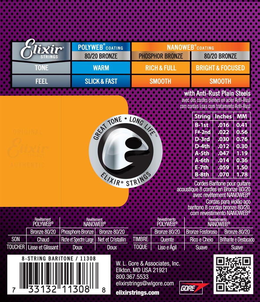 Elixir Nanoweb 16-70 80/20 Bronze Baritone 8-String Acoustic Guitar Strings