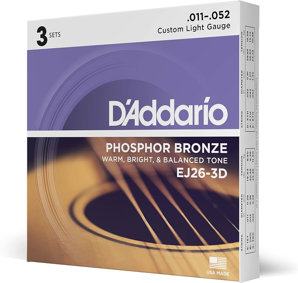 D'Addario 11-52 - Custom Light Phosphor Bronze Acoustic Guitar Strings - 3-Pack