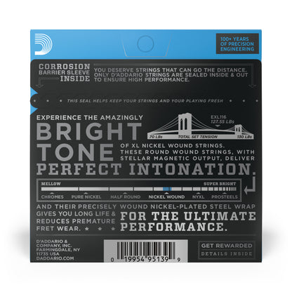 D'Addario EXL116 Nickel Wound Electric Guitar Strings, Medium Top/Heavy Bottom, 11-52