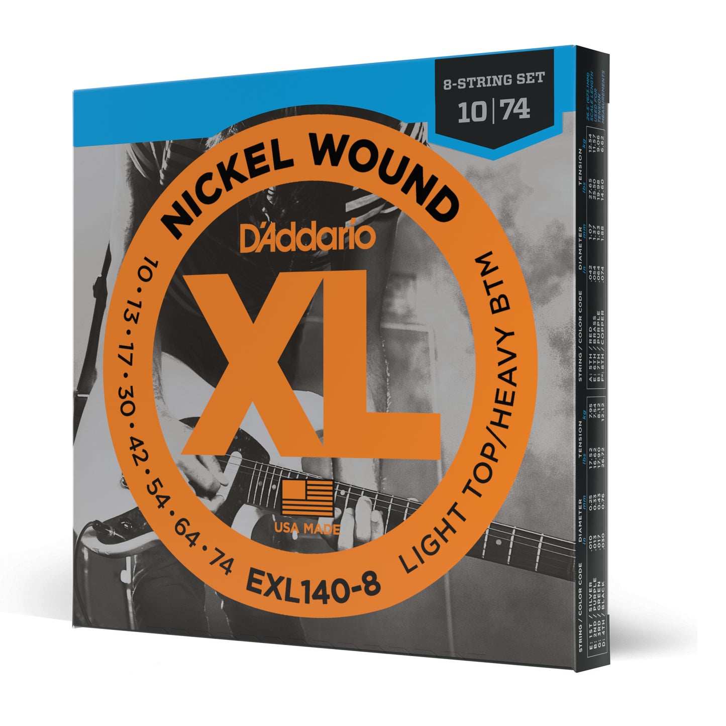 D'Addario EXL140-8 8-String Nickel Wound Electric Guitar Strings - Light Top/Heavy Bottom - 10-74