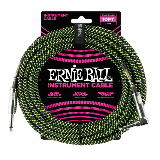 Ernie Ball Braided Instrument Cable 10ft Straight-Angle Green