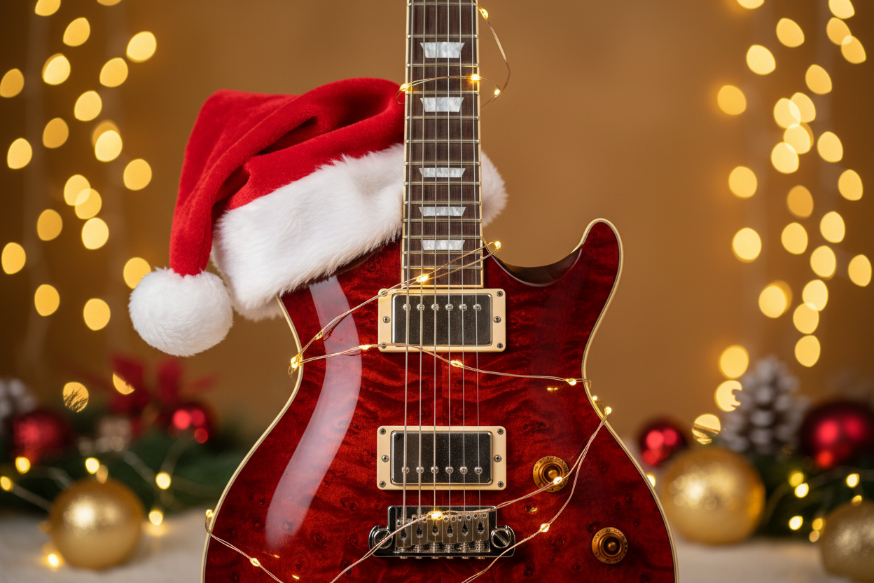 Christmas image with a santa hat on a guitar
