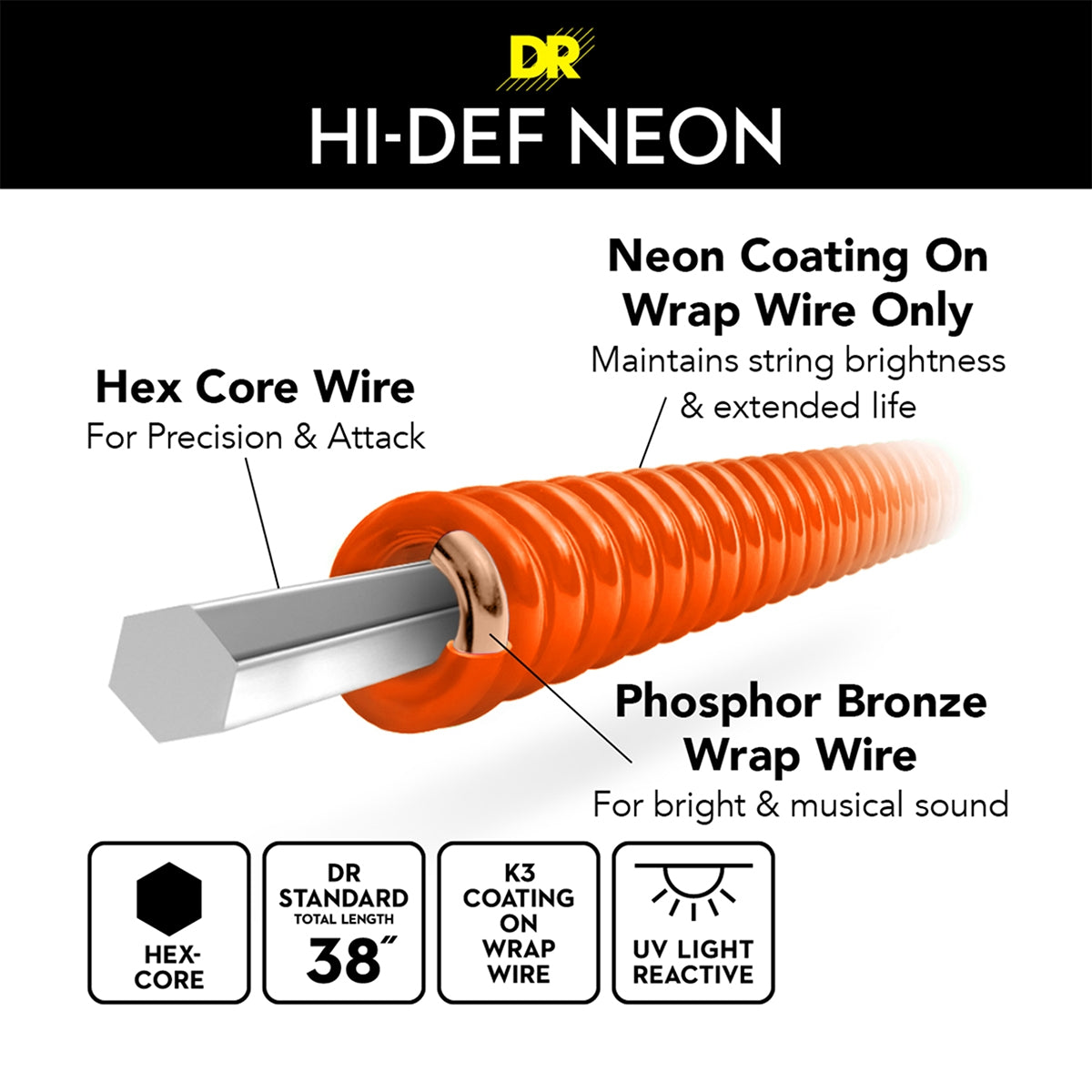 DR Neon Acoustic Guitar Strings - Orange