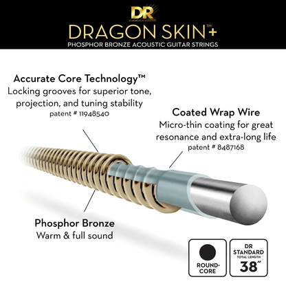 DR Dragon Skin+ Phosphor Bronze Acoustic Guitar Strings - Light - 12-54