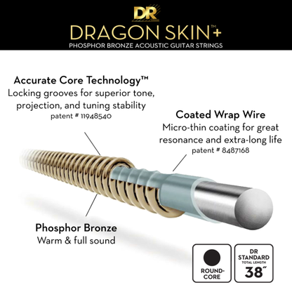 DR Dragon Skin+ Phosphor Bronze Acoustic Guitar Strings - Extra Light - 10-48