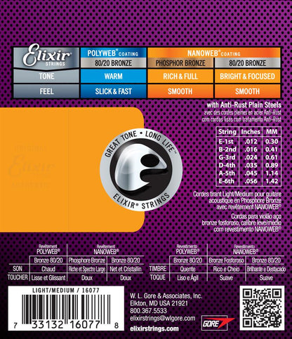 Elixir Nanoweb Phosphor Bronze Acoustic Guitar Strings - 12-56