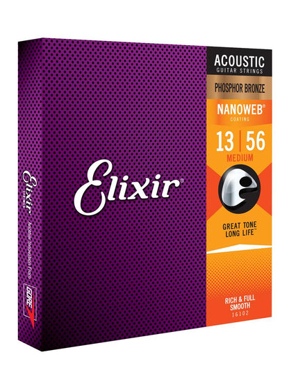Elixir Nanoweb Phosphor Bronze Acoustic Guitar Strings - 13-56 Medium