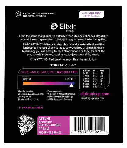 Elixir Attune Phosphor Bronze Acoustic Guitar Strings - 11-52 Custom Light