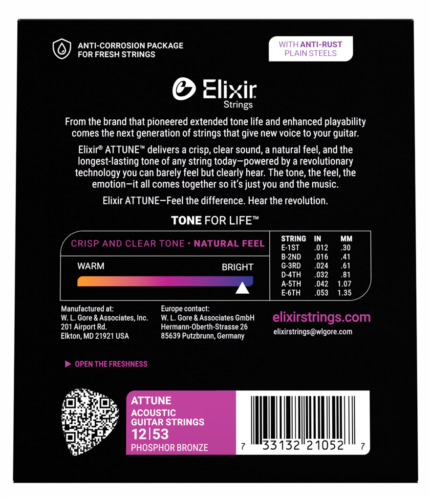 Elixir Attune Phosphor Bronze Acoustic Guitar Strings - 12-53 Light