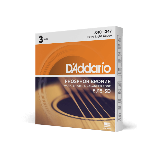 D'Addario 10-47 - Extra Light Phosphor Bronze Acoustic Guitar Strings - 3-Pack