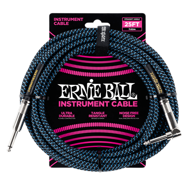 Ernie Ball Braided Instrument Cable 25ft Straight-Angle Blue