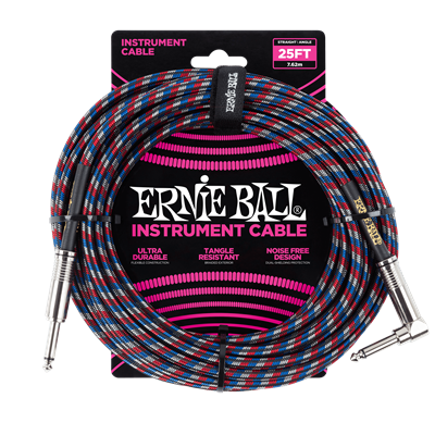 Ernie Ball Braided Instrument Cable 25ft Straight-Angle Blue/White/Red