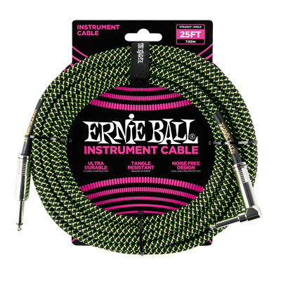 Ernie Ball Braided Instrument Cable 25ft Straight-Angle Black/Green