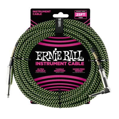 Ernie Ball Braided Instrument Cable 25ft Straight/Angle - Black/Green