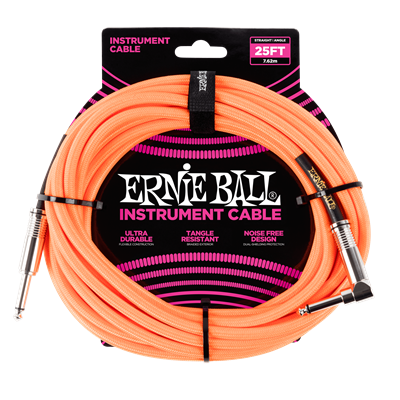 Ernie Ball Braided Instrument Cable 25ft Straight-Angle Orange