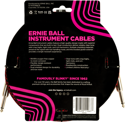 Ernie Ball Braided Instrument Cable 10ft Straight-Straight Black/Red