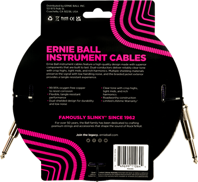 Ernie Ball Braided Instrument Cable 18ft Straight-Straight Black/Purple