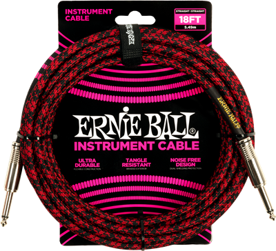 Ernie Ball Braided Instrument Cable 18ft Straight-Straight Black/Red