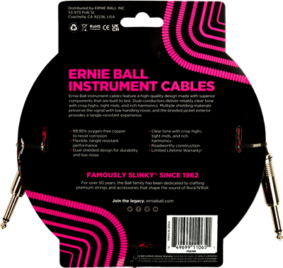 Ernie Ball Braided Instrument Cable 18ft Straight-Straight Black/Red