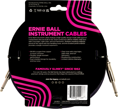 Ernie Ball Braided Instrument Cable 25ft Straight-Straight Black/Purple