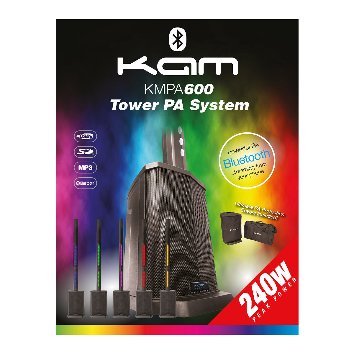 KAM Compact Tower PA system with Lighting ~ 240W