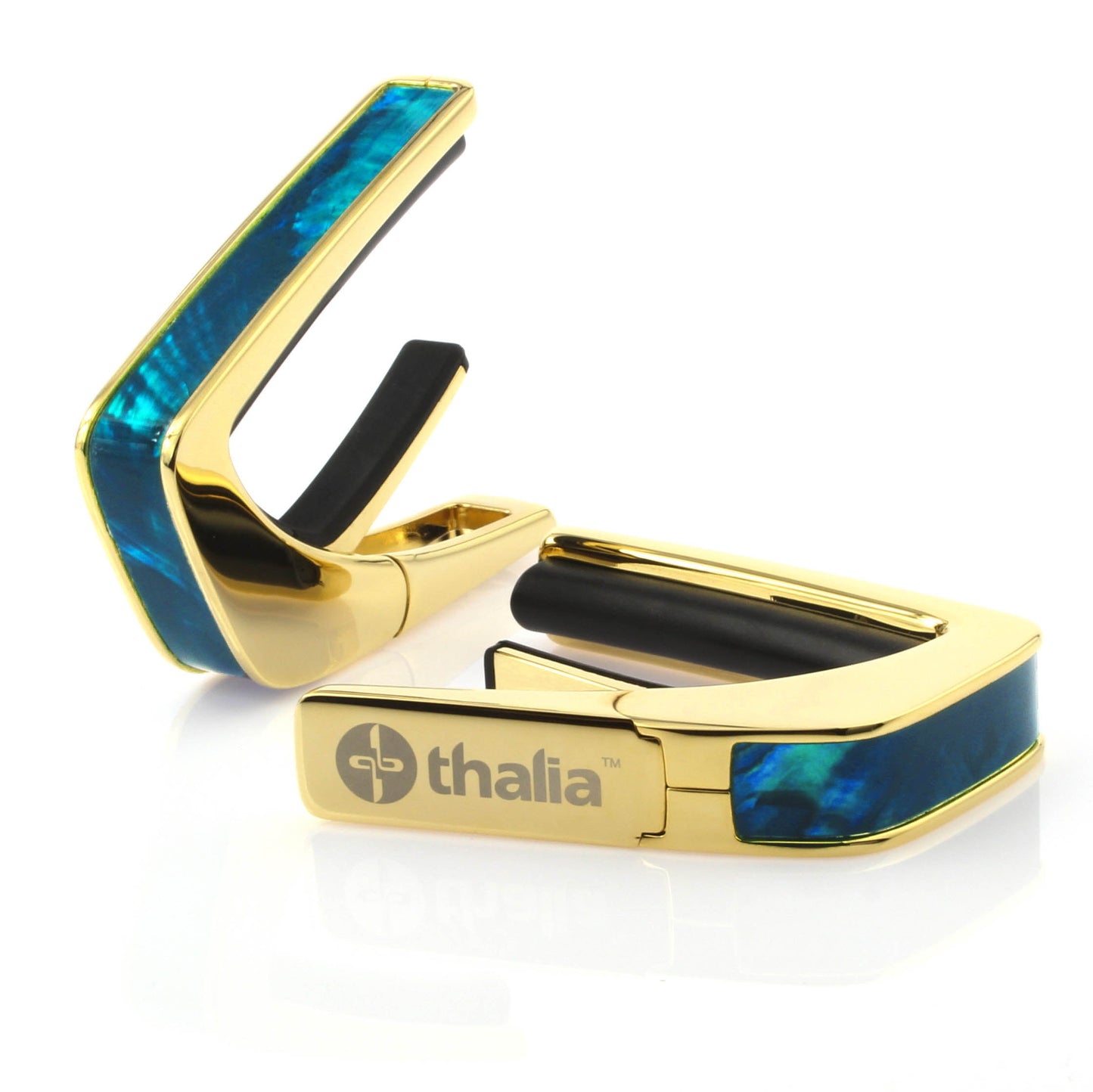 Thalia Exotic Series Shell Collection Capo ~ Gold with Teal Angel Wing Inlay