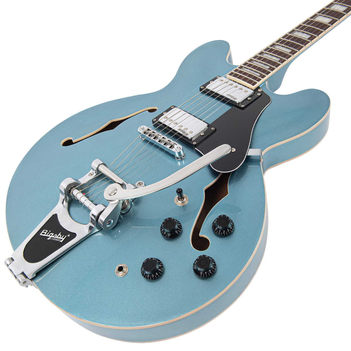 Vintage VSA500B ReIssued Semi Acoustic Guitar w/Bigsby ~ Gun Hill Blue